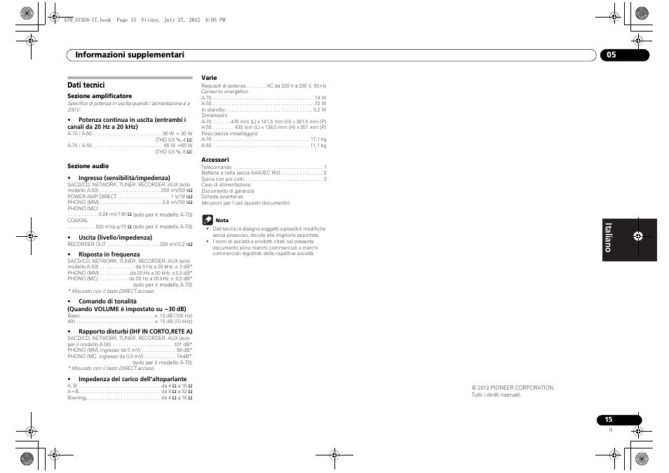 Dati tecnici | Pioneer A-70-K User Manual | Page 57 / 100