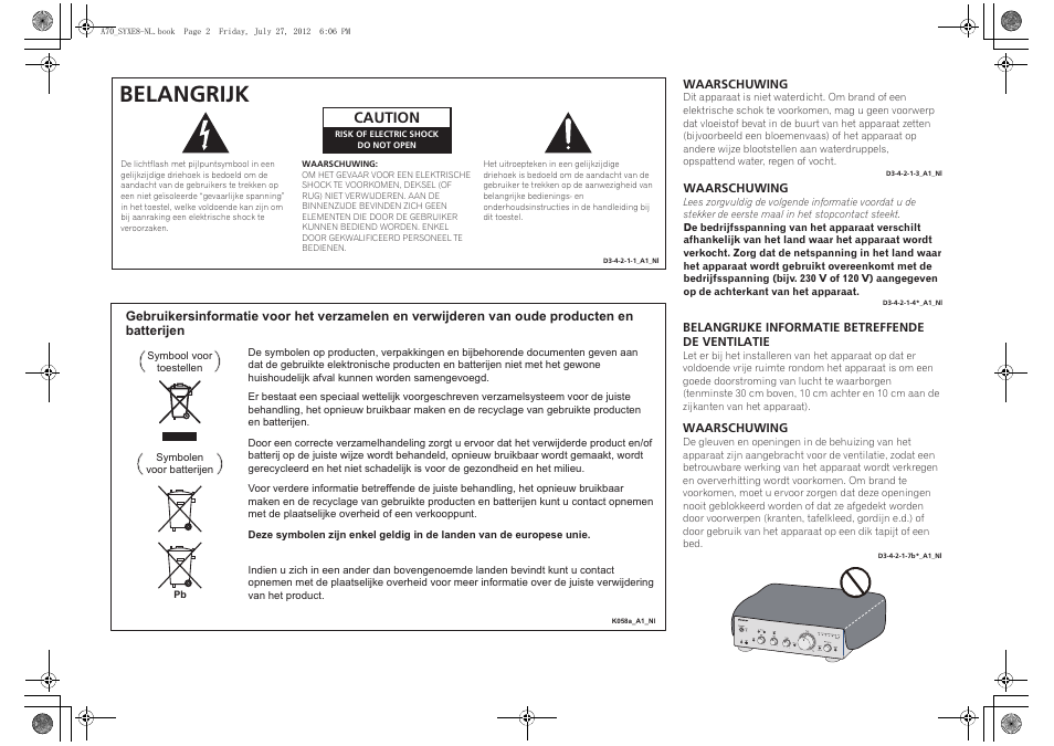 Important, Belangrijk, Caution | Pioneer A-70-K User Manual | Page 58 / 100