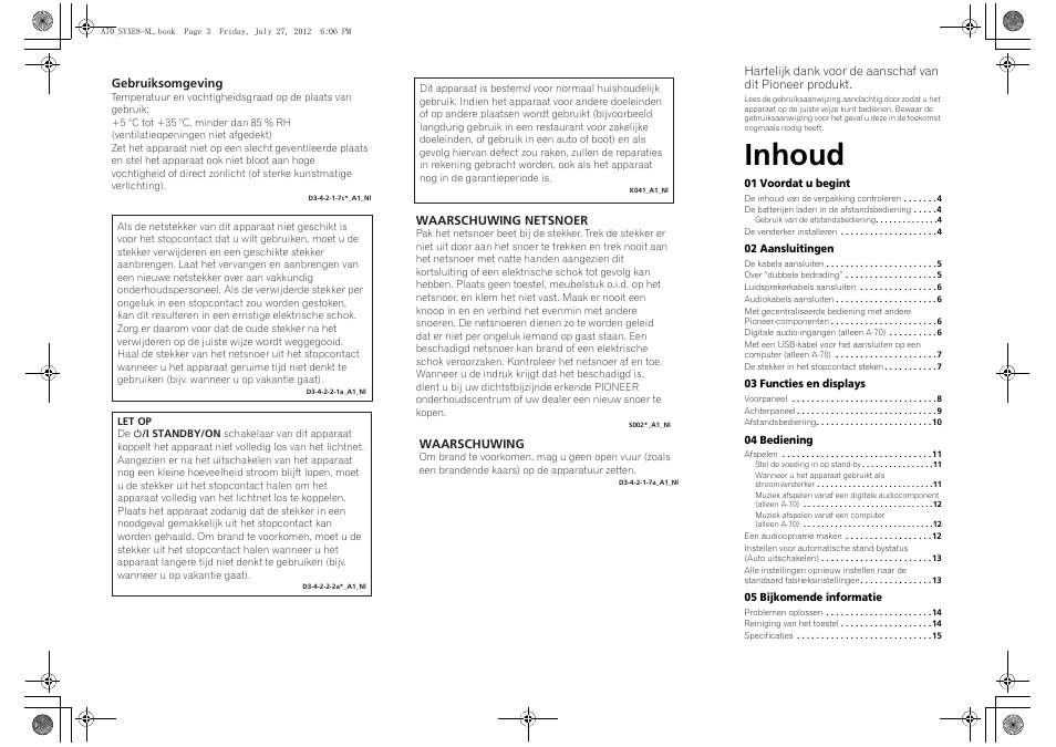 Geïntegreerde versterker | amplificador integrado, Inhoud | Pioneer A-70-K User Manual | Page 59 / 100