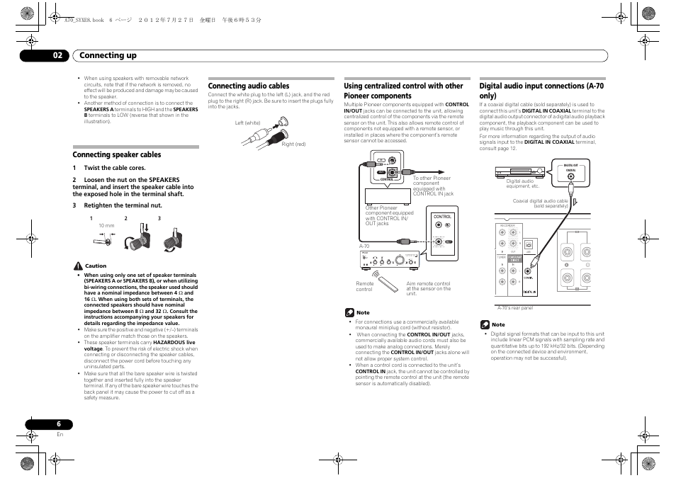 Connecting speaker cables, Connecting audio cables, Digital audio input connections (a-70 only) | 02 connecting up | Pioneer A-70-K User Manual | Page 6 / 100