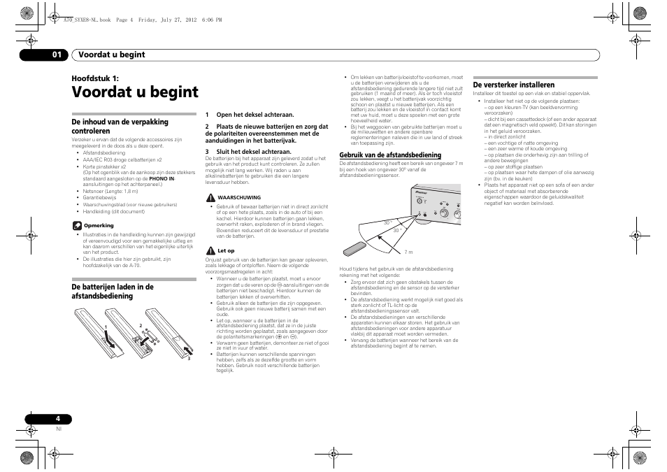 Voordat u begint, De inhoud van de verpakking controleren, De batterijen laden in de afstandsbediening | Gebruik van de afstandsbediening, De versterker installeren, 01 voordat u begint, Hoofdstuk 1 | Pioneer A-70-K User Manual | Page 60 / 100