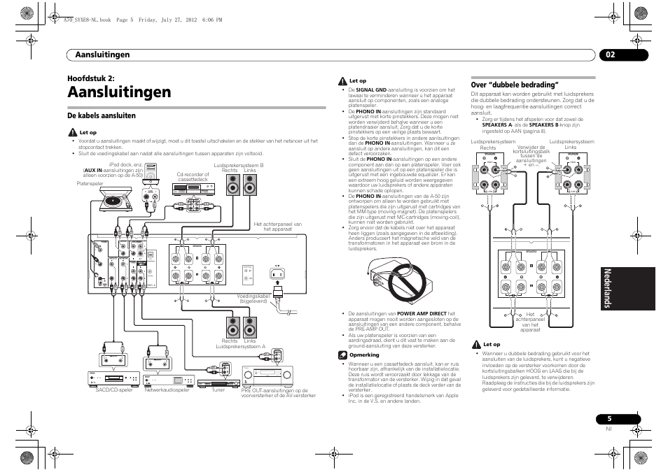 Aansluitingen, De kabels aansluiten, Over “dubbele bedrading | 02 aansluitingen, De kabels aansluiten over “dubbele bedrading, Aansluitingen 02, Hoofdstuk 2 | Pioneer A-70-K User Manual | Page 61 / 100