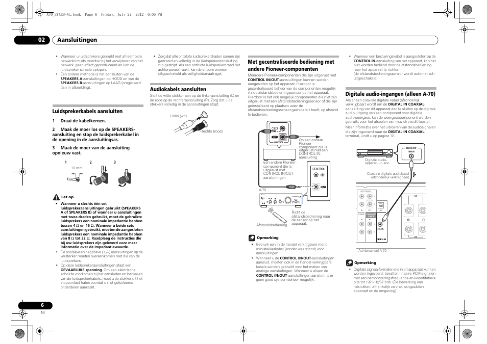 Luidsprekerkabels aansluiten, Audiokabels aansluiten, Digitale audio-ingangen (alleen a-70) | 02 aansluitingen | Pioneer A-70-K User Manual | Page 62 / 100