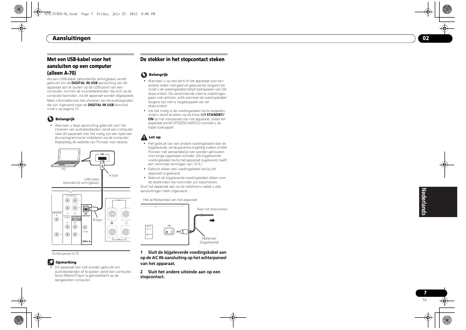 De stekker in het stopcontact steken, Met een usb-kabel voor het aansluiten op een | Pioneer A-70-K User Manual | Page 63 / 100