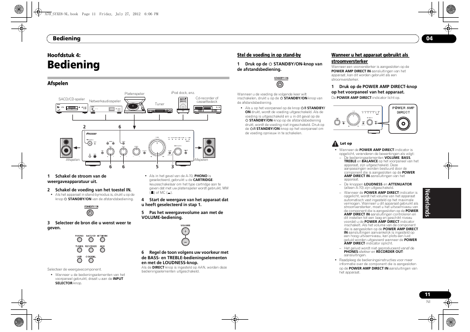 Bediening, Afspelen, Stel de voeding in op stand-by | 04 bediening, Stroomversterker | Pioneer A-70-K User Manual | Page 67 / 100