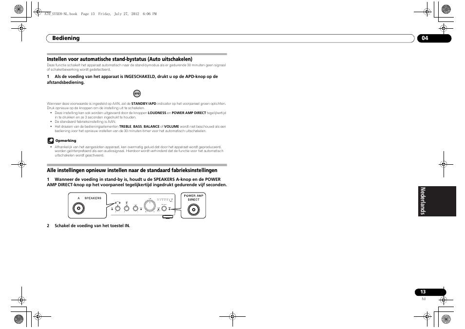 Instellen voor automatische stand-bystatus, Standaard fabrieksinstellingen | Pioneer A-70-K User Manual | Page 69 / 100