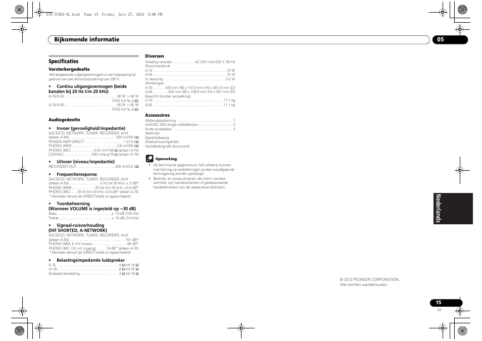 Specificaties | Pioneer A-70-K User Manual | Page 71 / 100