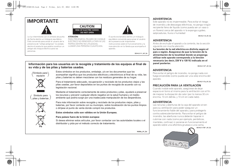 Importante, Caution | Pioneer A-70-K User Manual | Page 72 / 100