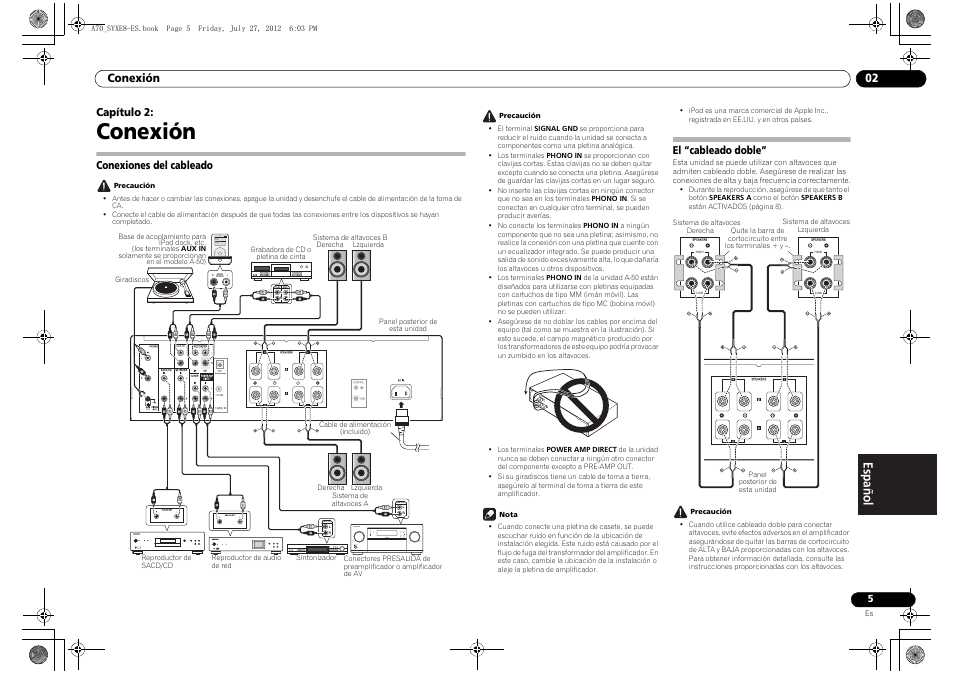 Conexión, Conexiones del cableado, El “cableado doble | 02 conexión, Conexiones del cableado el “cableado doble, Conexión 02, Capítulo 2 | Pioneer A-70-K User Manual | Page 75 / 100