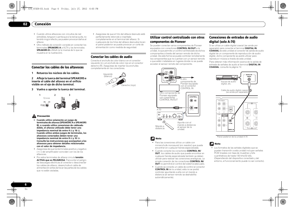 Conectar los cables de los altavoces, Conectar los cables de audio, De pioneer conexiones de entradas de audio digital | Solo a-70), 02 conexión | Pioneer A-70-K User Manual | Page 76 / 100