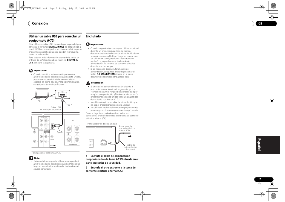 Enchufado, Utilizar un cable usb para conectar un equipo, Solo a-70) enchufado | Pioneer A-70-K User Manual | Page 77 / 100