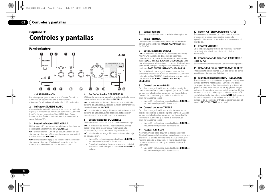 Controles y pantallas, Panel delantero, 03 controles y pantallas | Pioneer A-70-K User Manual | Page 78 / 100