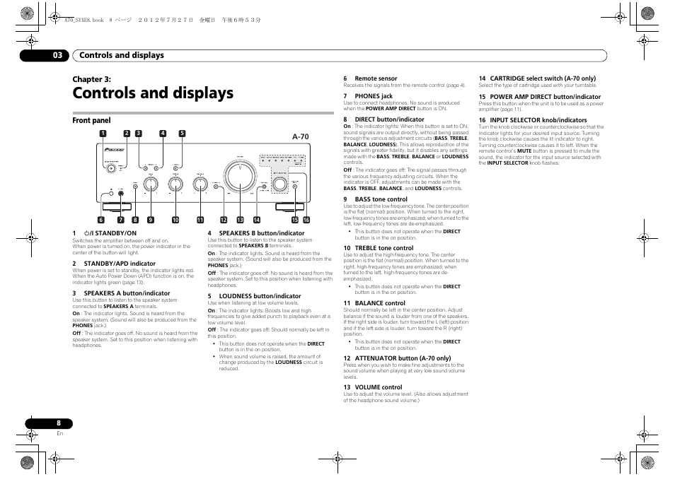 Controls and displays, Front panel, 03 controls and displays | Pioneer A-70-K User Manual | Page 8 / 100