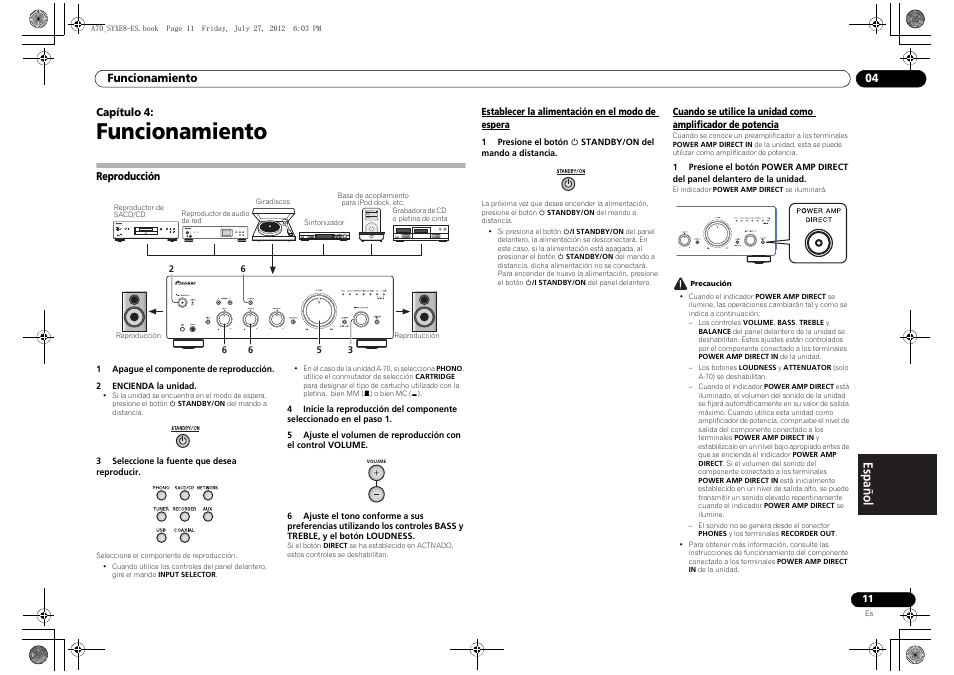 Funcionamiento, Reproducción, Establecer la alimentación en el modo de espera | 04 funcionamiento, Potencia | Pioneer A-70-K User Manual | Page 81 / 100