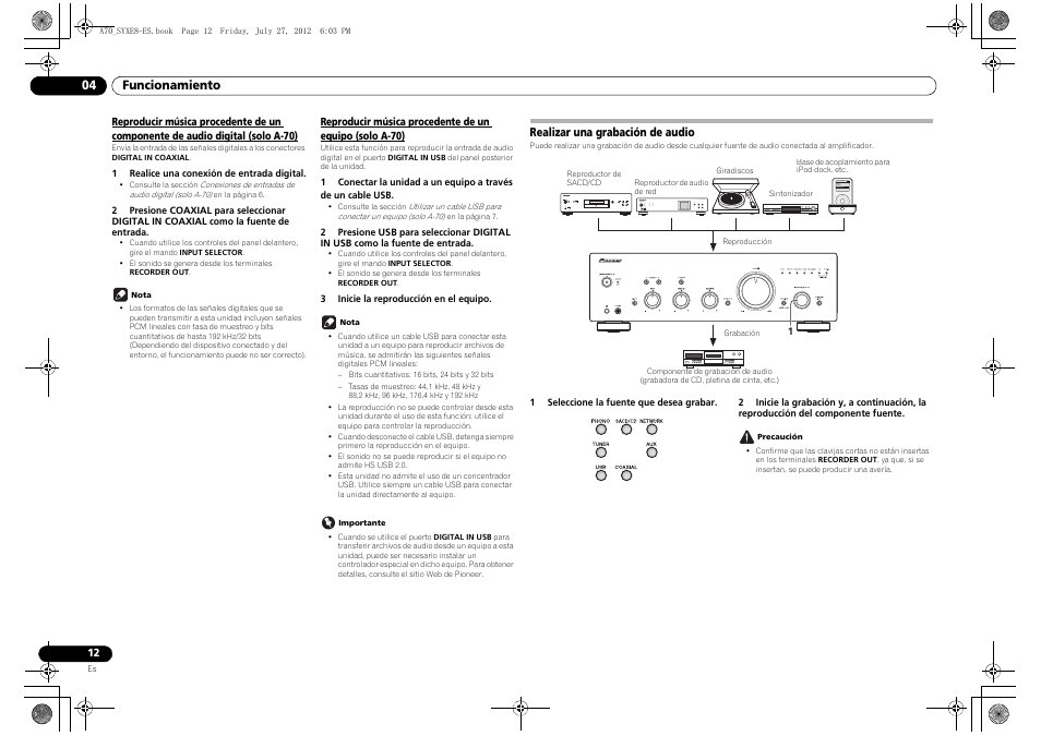 Realizar una grabación de audio, Reproducir música procedente de un componente, Solo a-70) | Pioneer A-70-K User Manual | Page 82 / 100