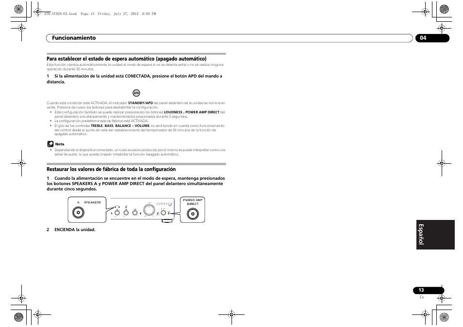 Para establecer el estado de espera automático, Configuración | Pioneer A-70-K User Manual | Page 83 / 100