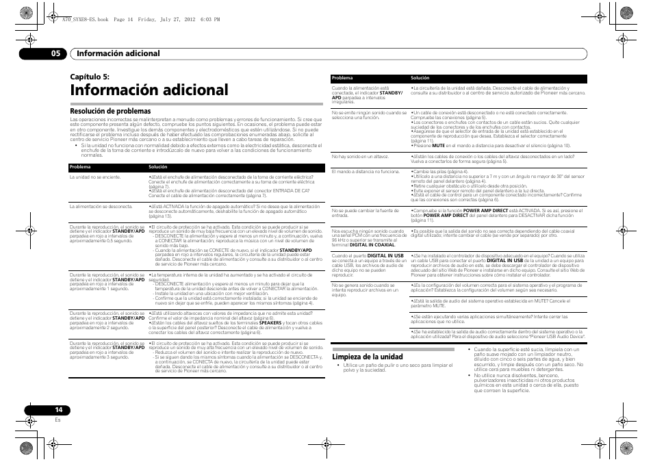 Información adicional, Resolución de problemas, Limpieza de la unidad | 05 información adicional, Resolución de problemas limpieza de la unidad, Capítulo 5 | Pioneer A-70-K User Manual | Page 84 / 100