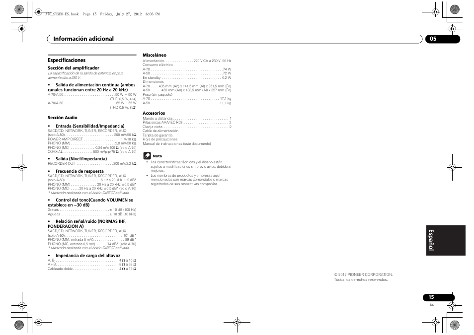 Especificaciones | Pioneer A-70-K User Manual | Page 85 / 100