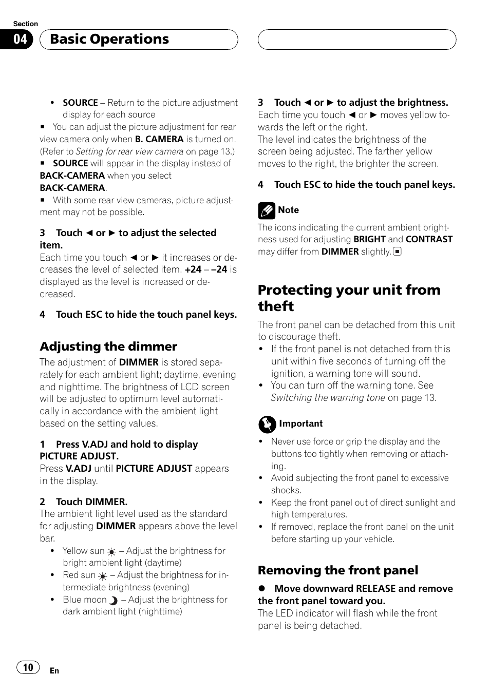 Protecting your unit from theft, Basic operations, Adjusting the dimmer | Removing the front panel | Pioneer AVX-7600 User Manual | Page 10 / 120