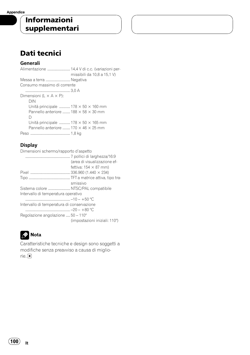 Dati tecnici 100, Dati tecnici, Informazioni supplementari | Pioneer AVX-7600 User Manual | Page 100 / 120