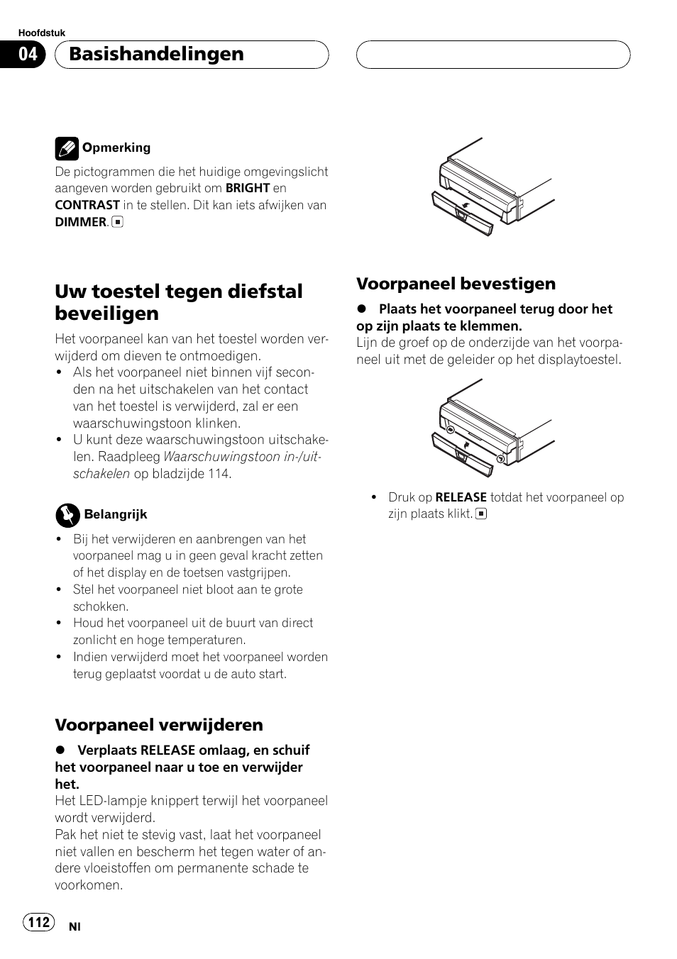 Uw toestel tegen diefstal beveiligen 112, Uw toestel tegen diefstal beveiligen, Basishandelingen | Voorpaneel verwijderen, Voorpaneel bevestigen | Pioneer AVX-7600 User Manual | Page 112 / 120