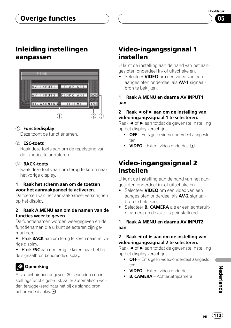 Overige functies, Inleiding instellingen aanpassen 113, Video-ingangssignaal 1 instellen 113 | Video-ingangssignaal 2 instellen 113, Inleiding instellingen aanpassen, Video-ingangssignaal 1 instellen, Video-ingangssignaal 2 instellen | Pioneer AVX-7600 User Manual | Page 113 / 120
