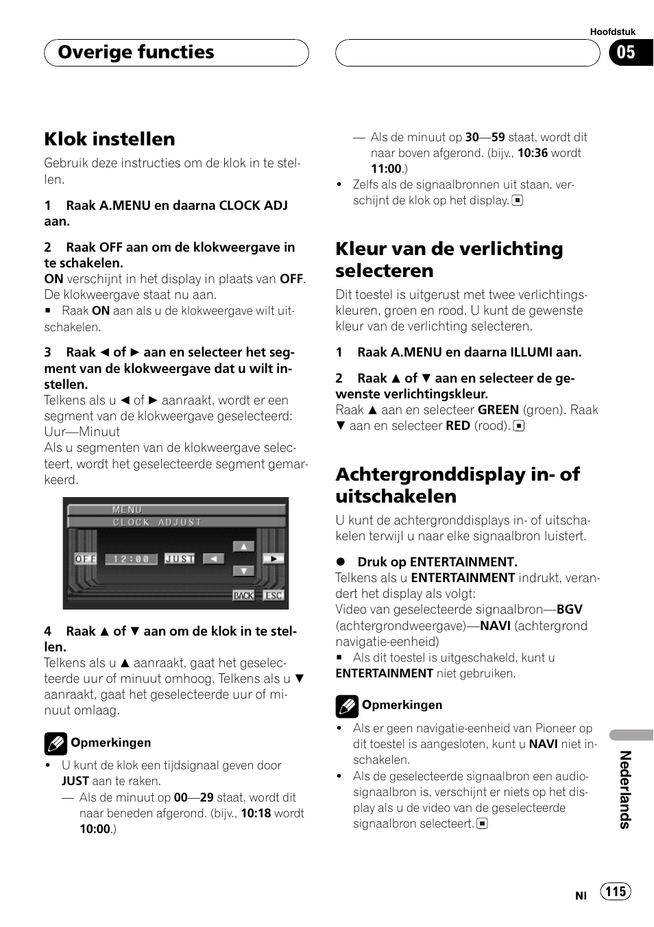 Klok instellen 115, Kleur van de verlichting selecteren 115, Achtergronddisplay in- of uitschakelen 115 | Klok instellen, Kleur van de verlichting selecteren, Achtergronddisplay in- of uitschakelen, Overige functies | Pioneer AVX-7600 User Manual | Page 115 / 120