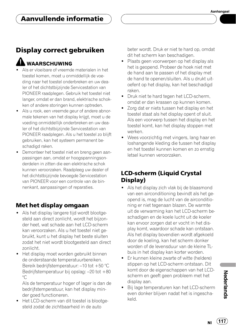 Display correct gebruiken 117, Display correct gebruiken, Aanvullende informatie | Met het display omgaan, Lcd-scherm (liquid crystal display) | Pioneer AVX-7600 User Manual | Page 117 / 120