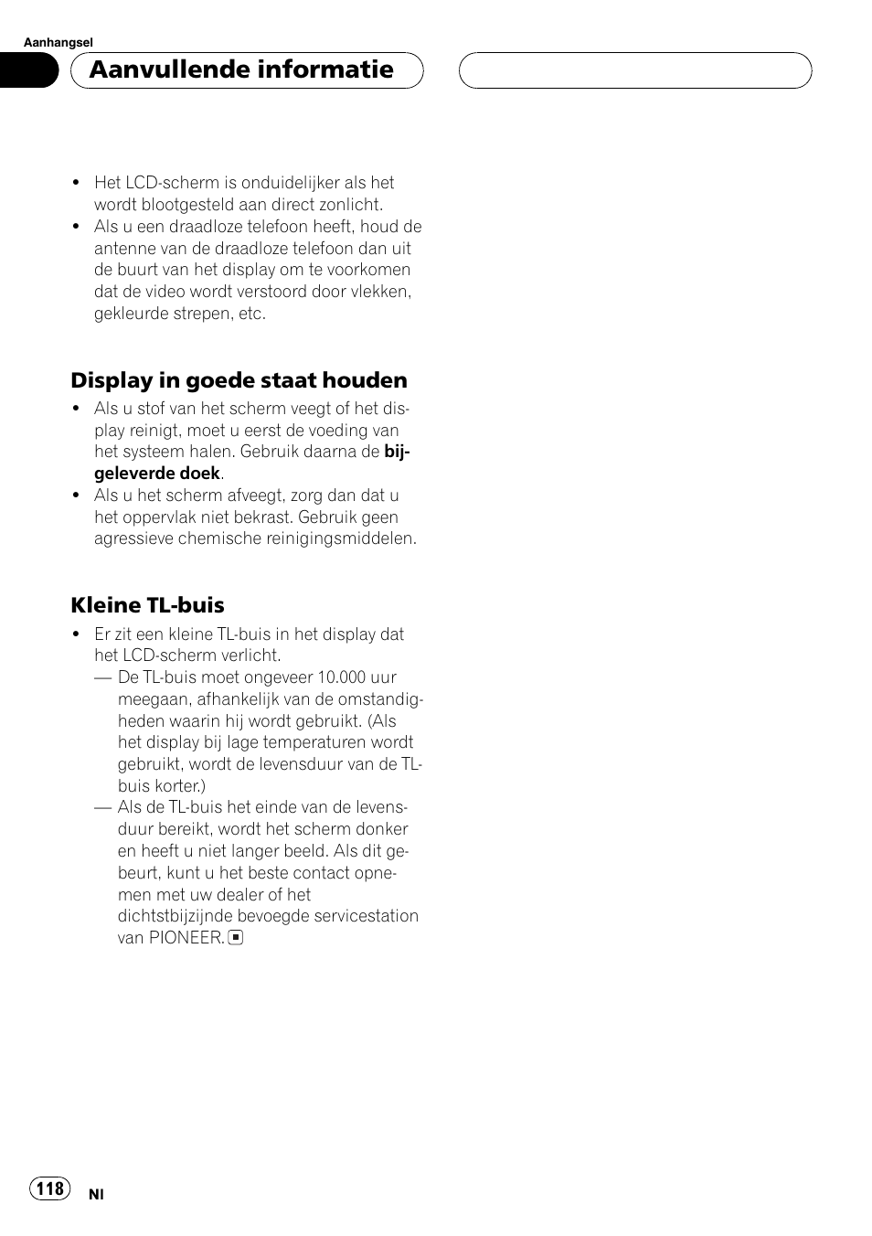 Aanvullende informatie, Display in goede staat houden, Kleine tl-buis | Pioneer AVX-7600 User Manual | Page 118 / 120