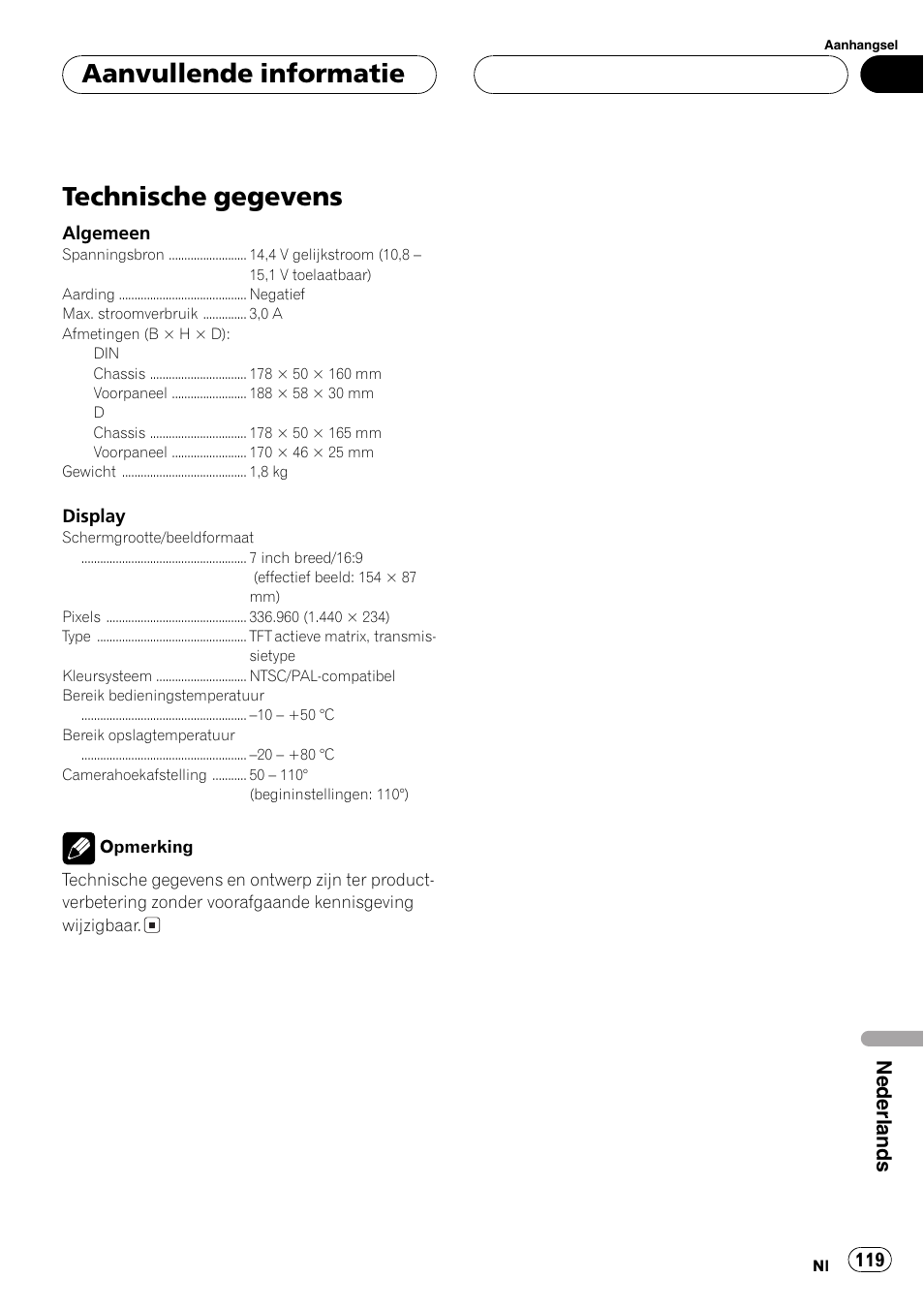 Technische gegevens 119, Technische gegevens, Aanvullende informatie | Nederlands | Pioneer AVX-7600 User Manual | Page 119 / 120