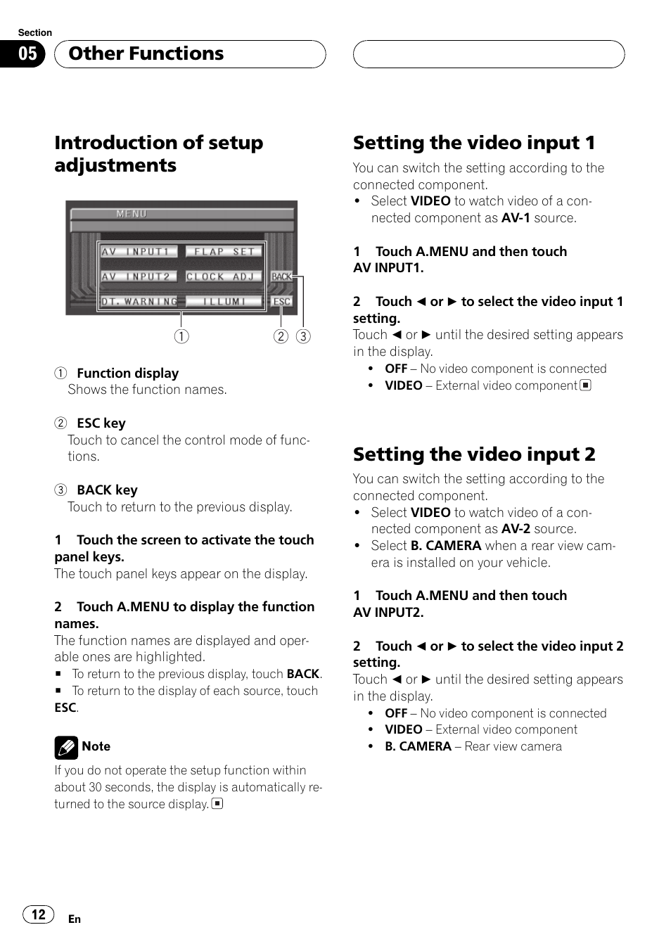 Introduction of setup adjustments, Setting the video input 1, Setting the video input 2 | Other functions | Pioneer AVX-7600 User Manual | Page 12 / 120