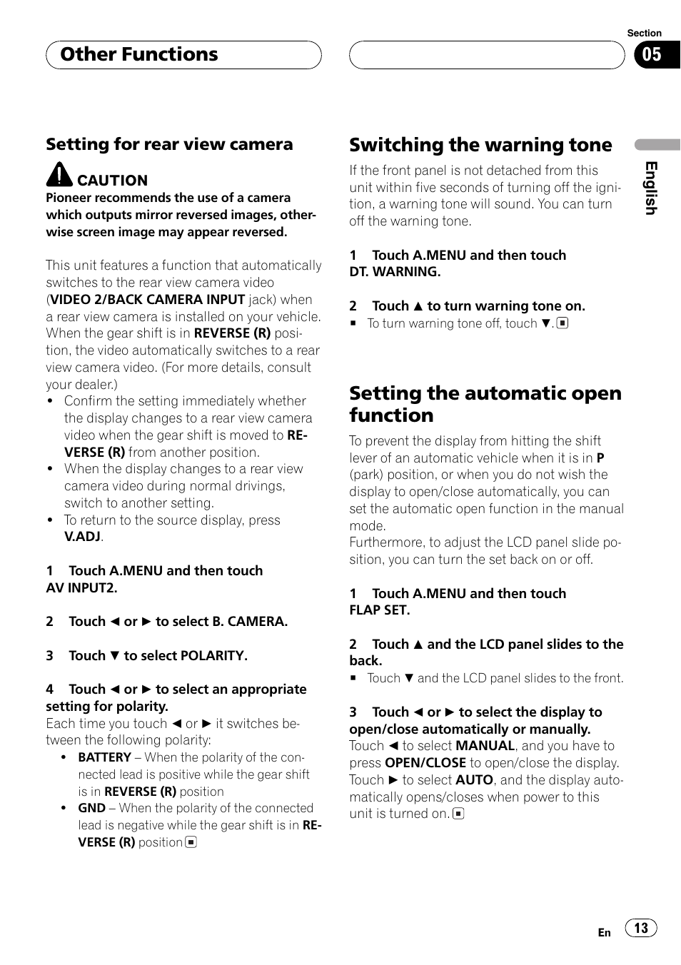 Switching the warning tone, Setting the automatic open function, Other functions | Setting for rear view camera | Pioneer AVX-7600 User Manual | Page 13 / 120