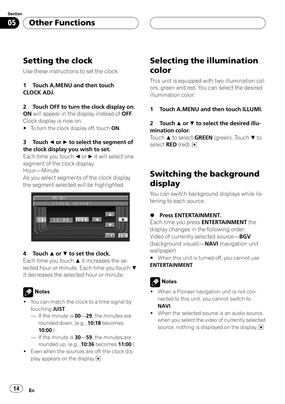 Setting the clock, Selecting the illumination color, Switching the background display | Other functions | Pioneer AVX-7600 User Manual | Page 14 / 120