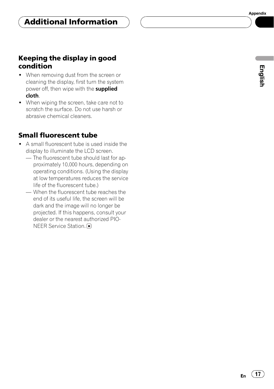 Additional information, Keeping the display in good condition, Small fluorescent tube | Pioneer AVX-7600 User Manual | Page 17 / 120