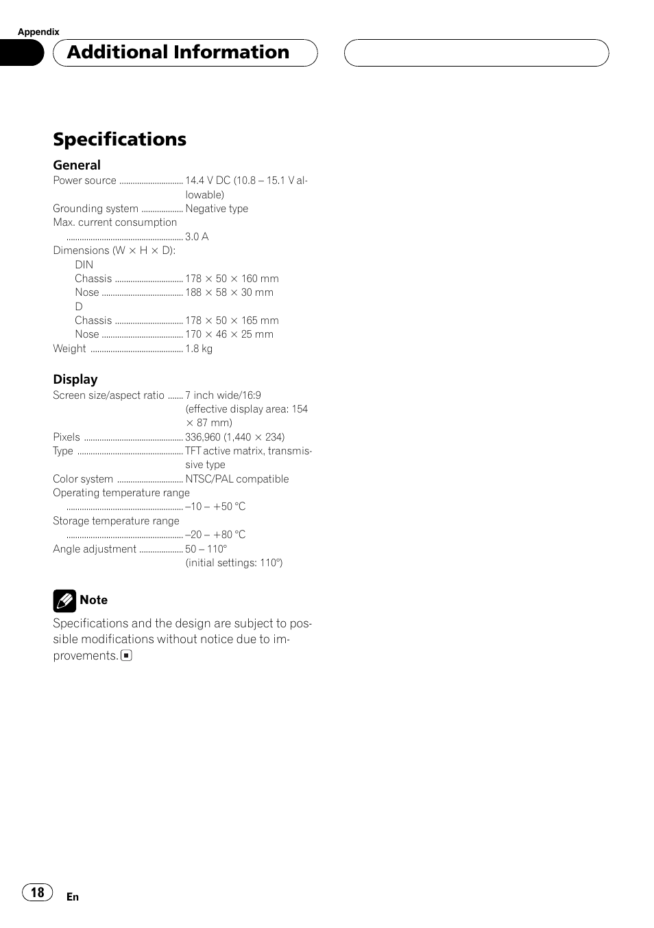 Specifications, Additional information | Pioneer AVX-7600 User Manual | Page 18 / 120