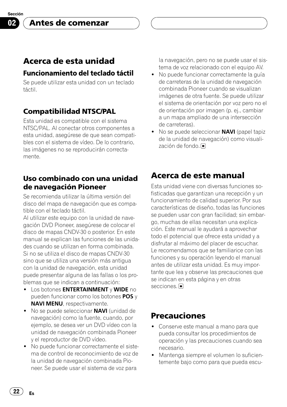 Antes de comenzar, Acerca de esta unidad 22, Acerca de este manual 22 | Precauciones 22, Acerca de esta unidad, Acerca de este manual, Precauciones | Pioneer AVX-7600 User Manual | Page 22 / 120