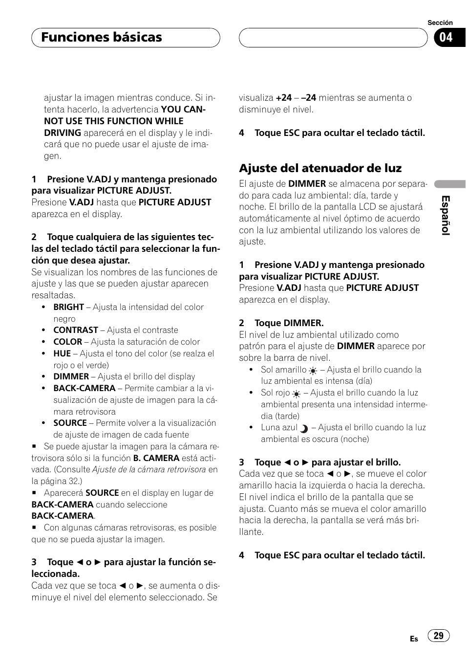 Funciones básicas, Ajuste del atenuador de luz | Pioneer AVX-7600 User Manual | Page 29 / 120