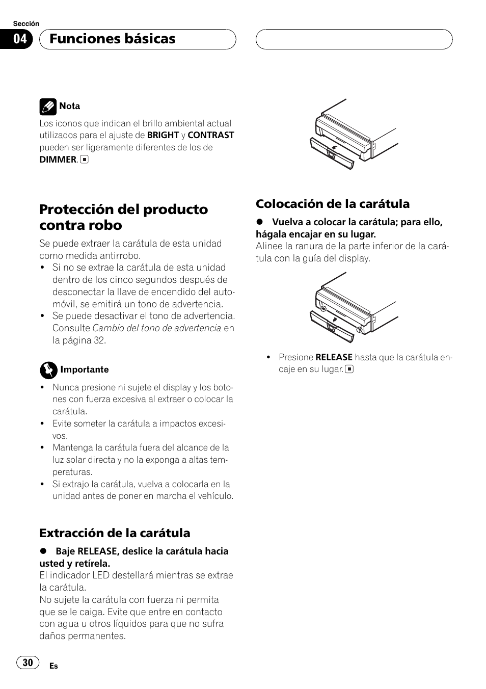 Protección del producto contra robo 30, Protección del producto contra robo, Funciones básicas | Extracción de la carátula, Colocación de la carátula | Pioneer AVX-7600 User Manual | Page 30 / 120