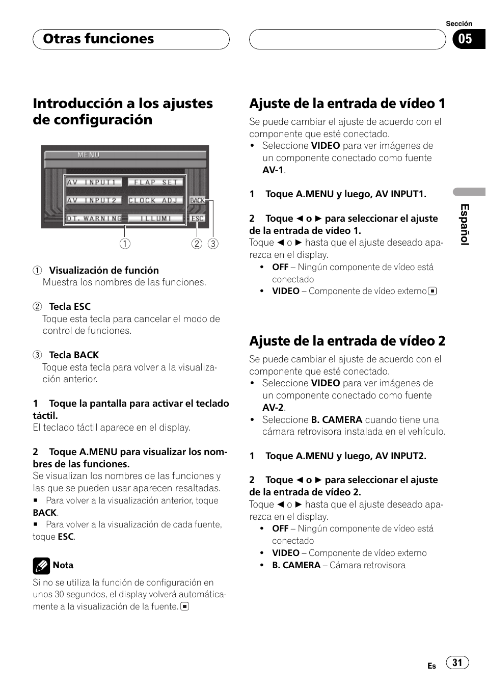 Otras funciones, Introducción a los ajustes de, Configuración 31 | Ajuste de la entrada de vídeo 1 31, Ajuste de la entrada de vídeo 2 31, Introducción a los ajustes de configuración, Ajuste de la entrada de vídeo 1, Ajuste de la entrada de vídeo 2 | Pioneer AVX-7600 User Manual | Page 31 / 120