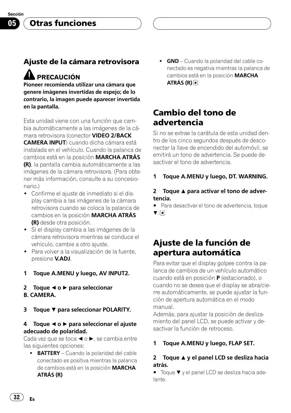 Cambio del tono de advertencia 32, Ajuste de la función de apertura, Automática 32 | Cambio del tono de advertencia, Ajuste de la función de apertura automática, Otras funciones | Pioneer AVX-7600 User Manual | Page 32 / 120