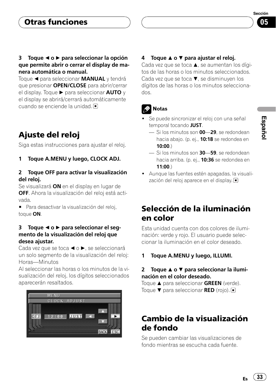 Ajuste del reloj 33, Selección de la iluminación en color 33, Cambio de la visualización de fondo 33 | Ajuste del reloj, Selección de la iluminación en color, Cambio de la visualización de fondo, Otras funciones | Pioneer AVX-7600 User Manual | Page 33 / 120