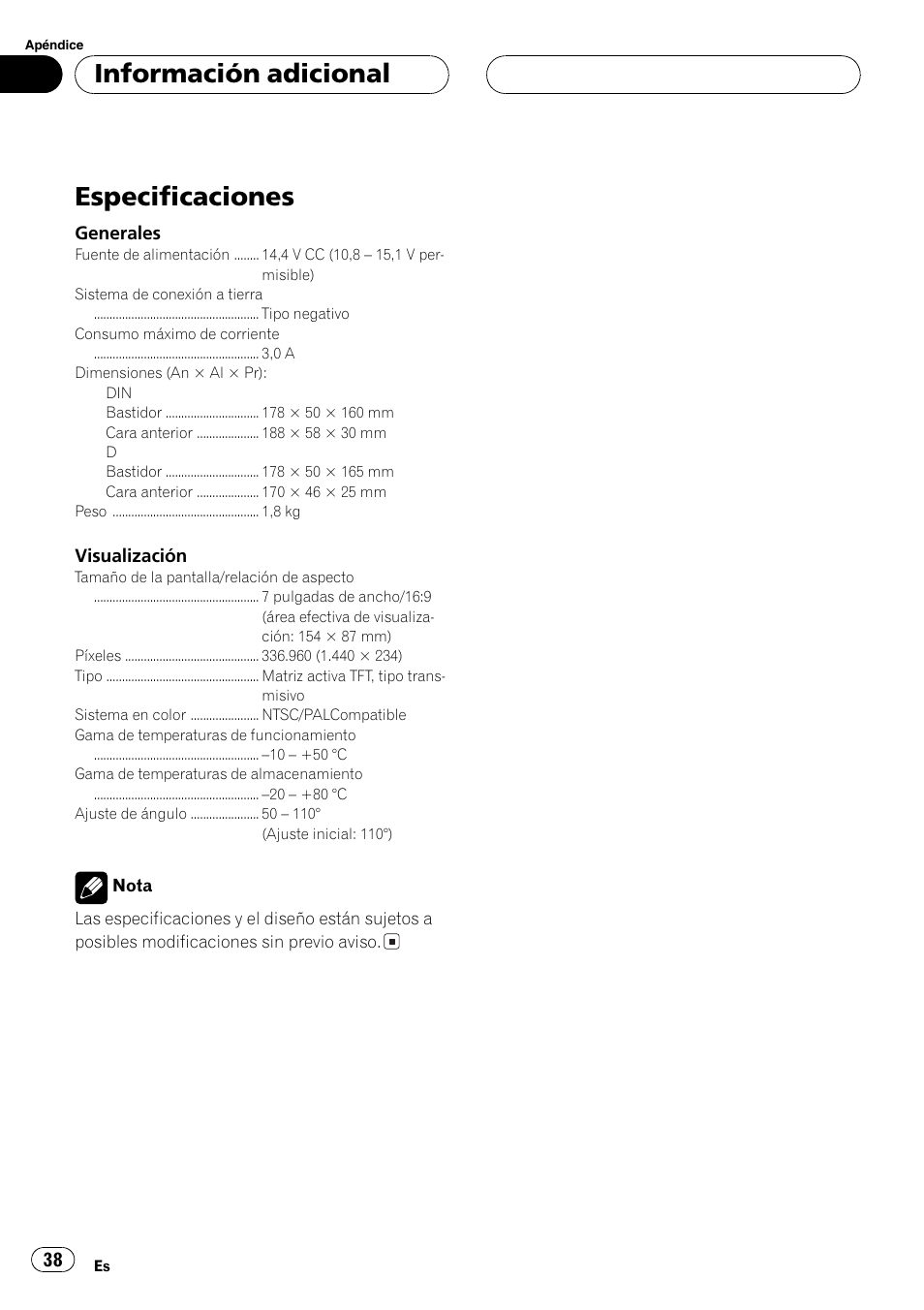 Especificaciones 38, Especificaciones, Información adicional | Pioneer AVX-7600 User Manual | Page 38 / 120