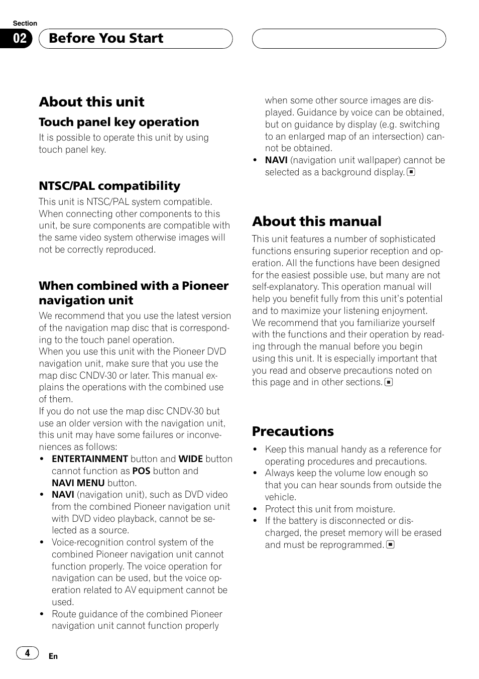 About this unit, About this manual, Precautions | Before you start | Pioneer AVX-7600 User Manual | Page 4 / 120