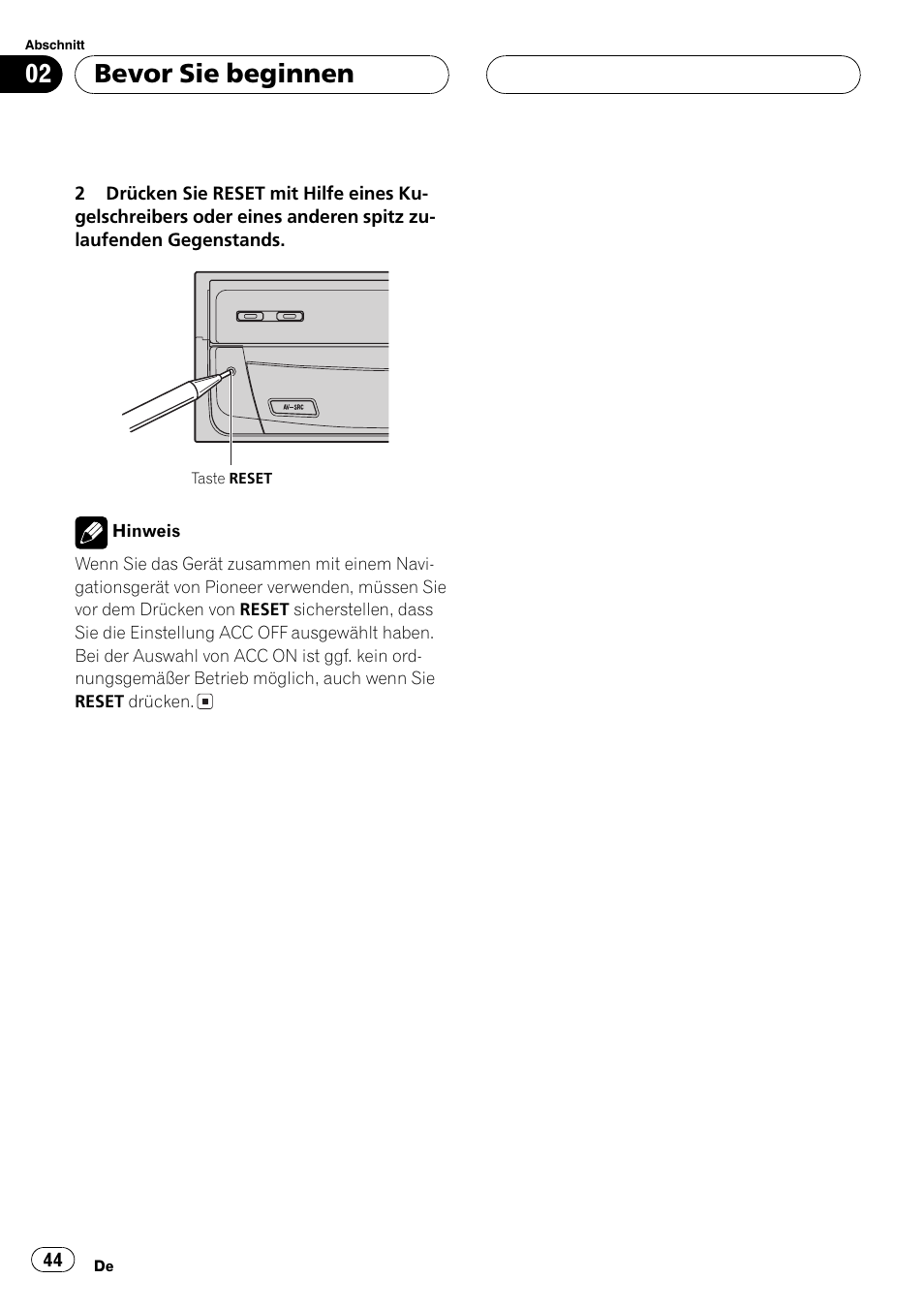 Bevor sie beginnen | Pioneer AVX-7600 User Manual | Page 44 / 120