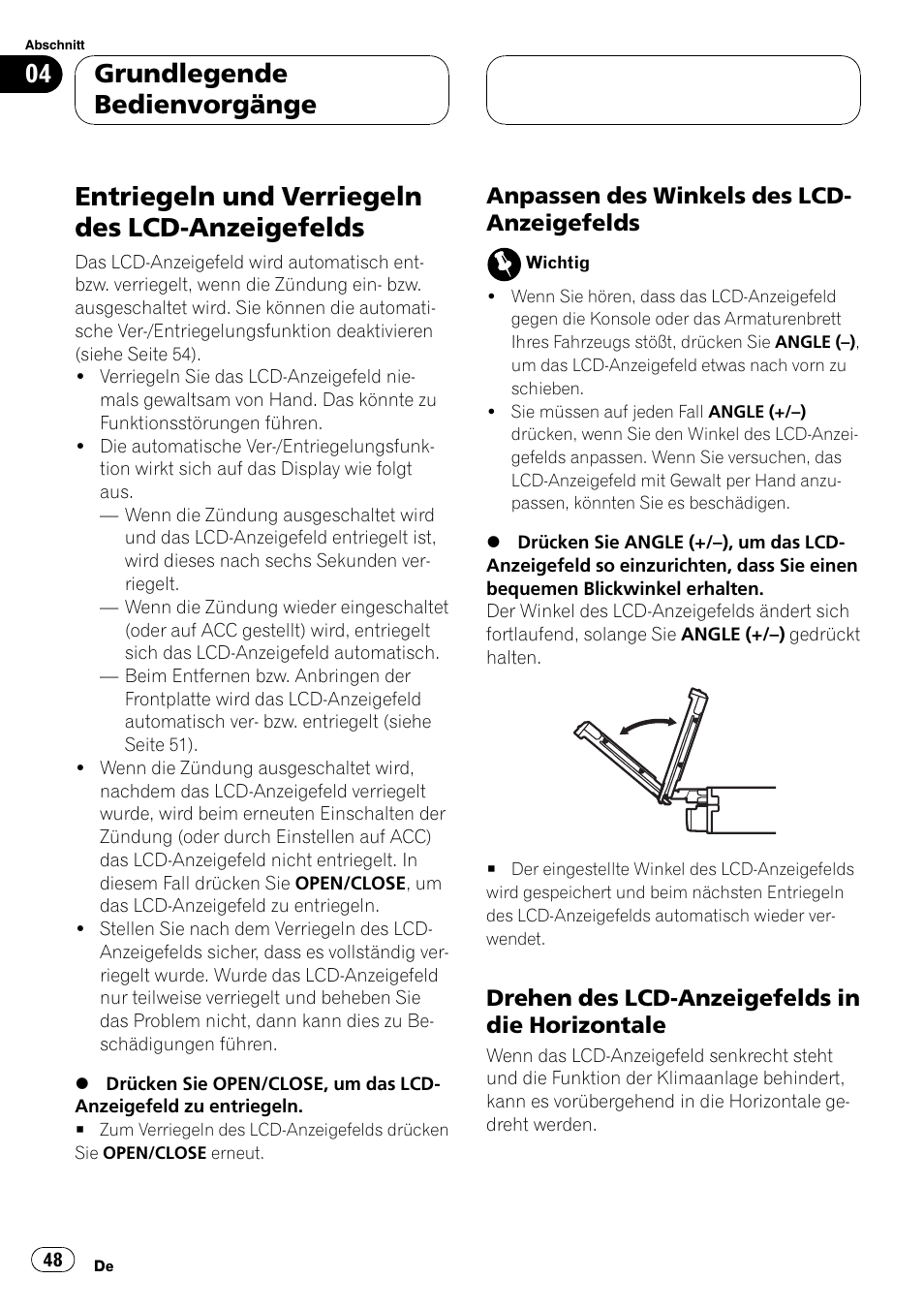 Entriegeln und verriegeln des lcd, Anzeigefelds 48, Entriegeln und verriegeln des lcd-anzeigefelds | Grundlegende bedienvorgänge | Pioneer AVX-7600 User Manual | Page 48 / 120