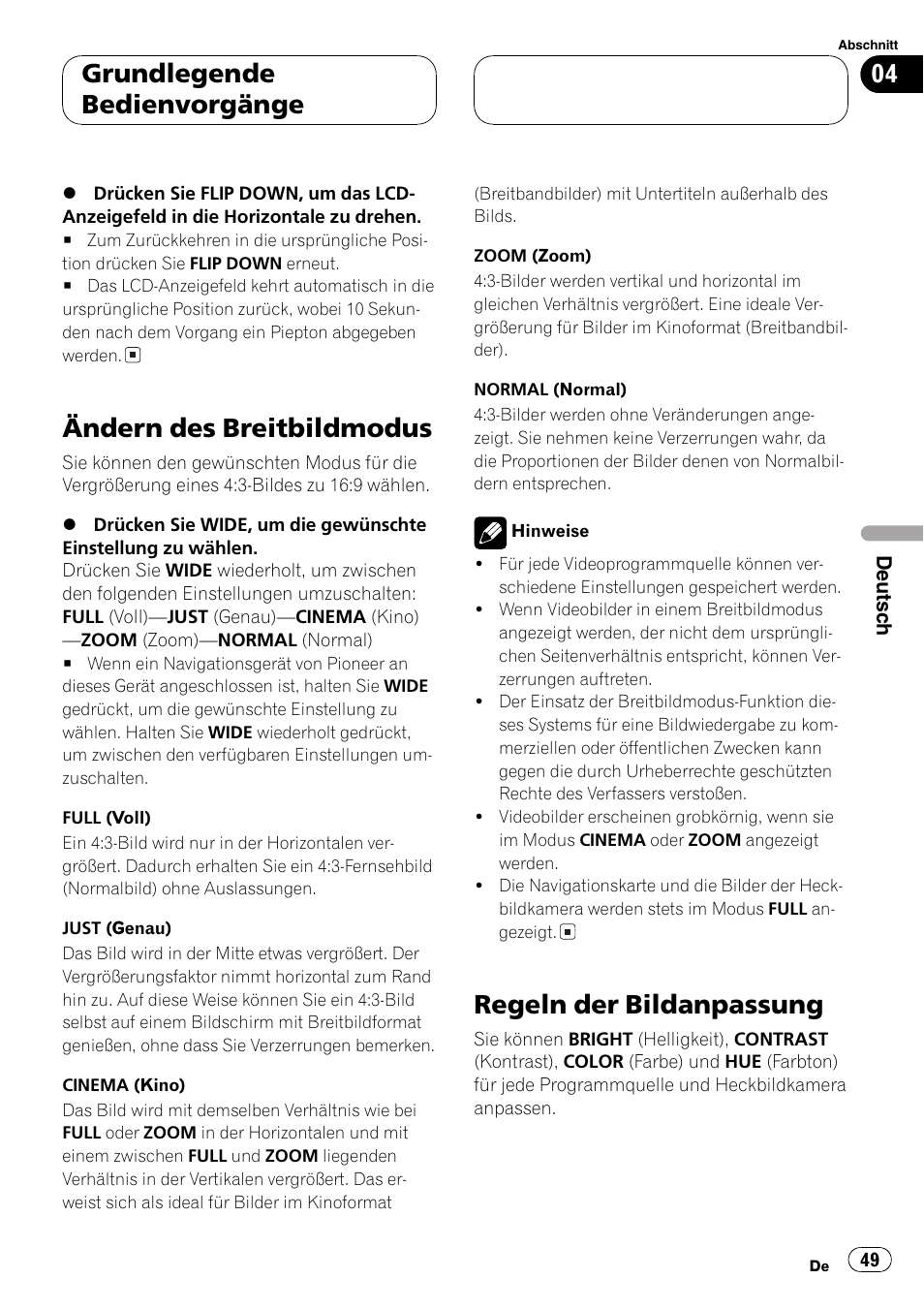 Ändern des breitbildmodus 49, Regeln der bildanpassung 49, Ändern des breitbildmodus | Regeln der bildanpassung, Grundlegende bedienvorgänge | Pioneer AVX-7600 User Manual | Page 49 / 120