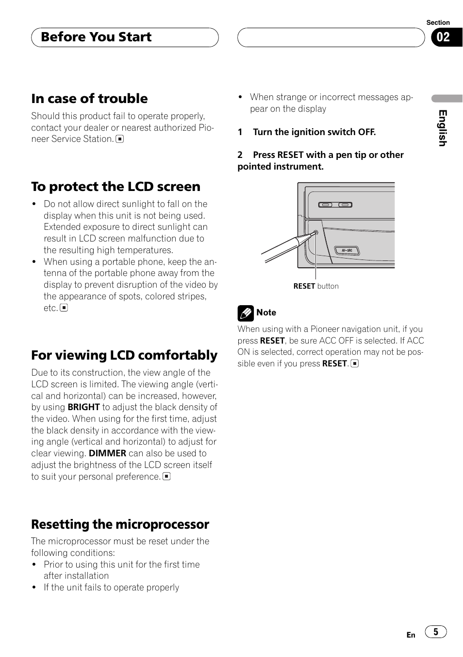 For viewing lcd comfortably, Resetting the microprocessor, Before you start | Pioneer AVX-7600 User Manual | Page 5 / 120