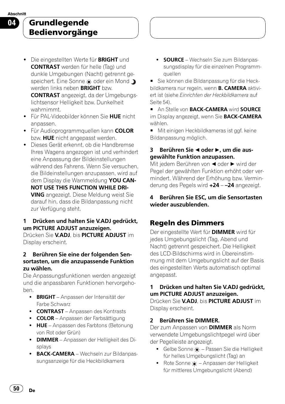Grundlegende bedienvorgänge, Regeln des dimmers | Pioneer AVX-7600 User Manual | Page 50 / 120