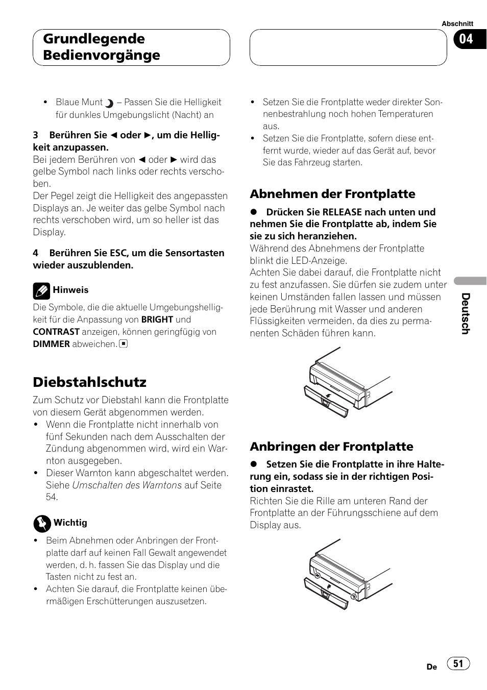 Diebstahlschutz 51, Diebstahlschutz, Grundlegende bedienvorgänge | Abnehmen der frontplatte, Anbringen der frontplatte | Pioneer AVX-7600 User Manual | Page 51 / 120