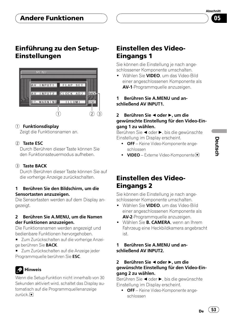 Andere funktionen, Einführung zu den setup-einstellungen 53, Einstellen des video-eingangs 1 53 | Einstellen des video-eingangs 2 53, Einführung zu den setup- einstellungen, Einstellen des video- eingangs 1, Einstellen des video- eingangs 2 | Pioneer AVX-7600 User Manual | Page 53 / 120